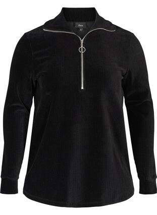 Velour bluse med høj hals og lynlås, Black, Packshot image number 0