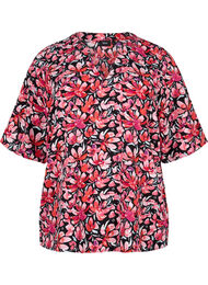 V-hals bluse med blomsterprint, Black Flower AOP