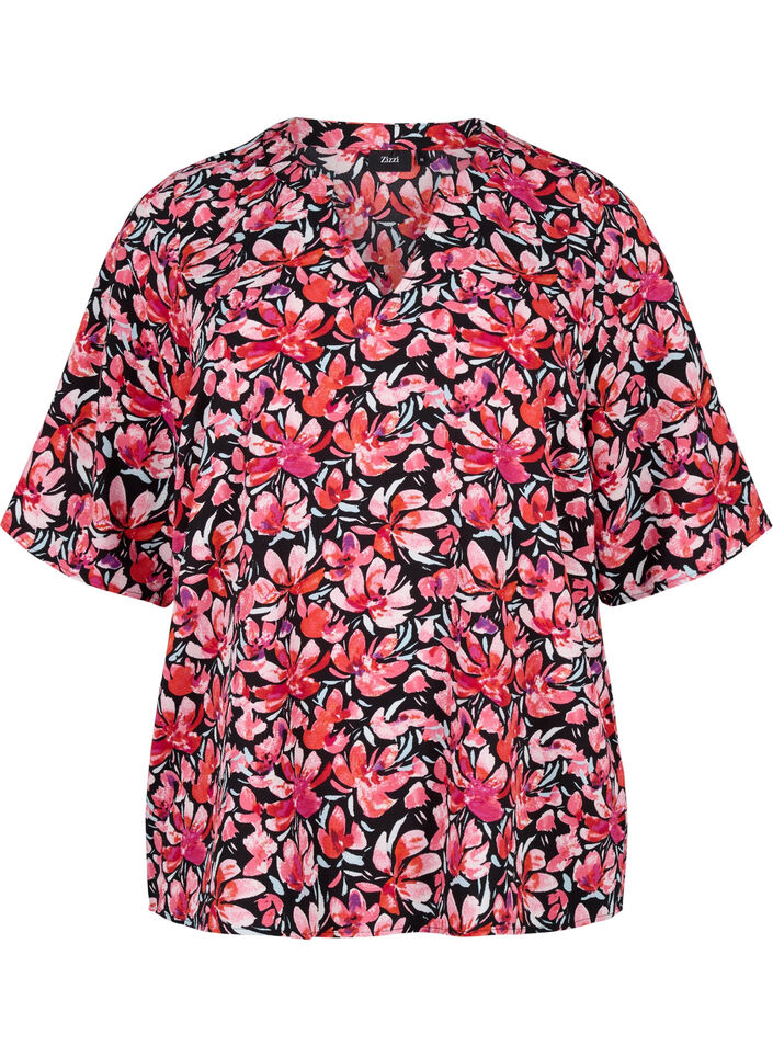 V-hals bluse med blomsterprint, Black Flower AOP, Packshot image number 0