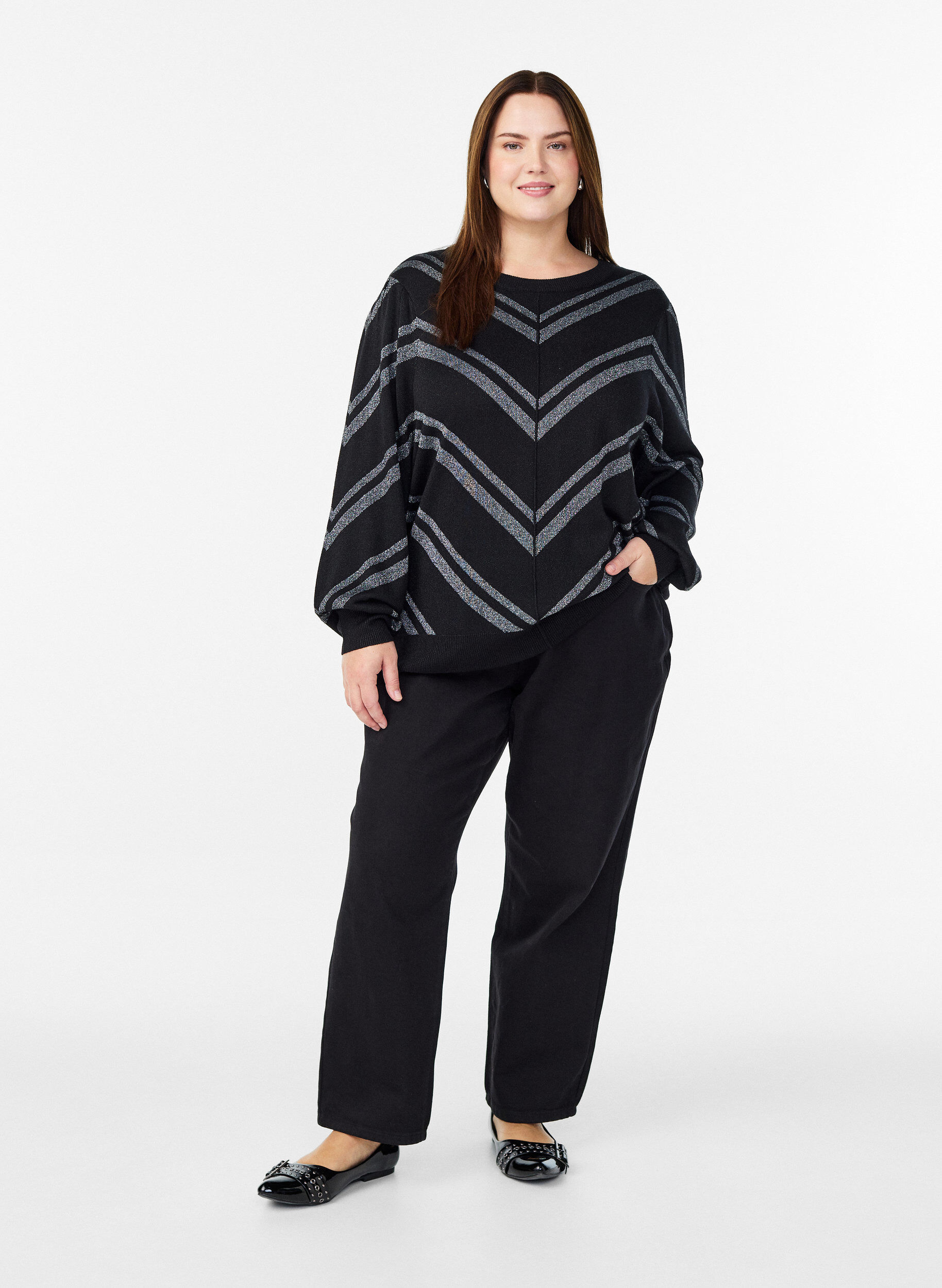 Zizzi M&oslash;nstret strikbluse med glimmereffekt, Sort, Model image number 1