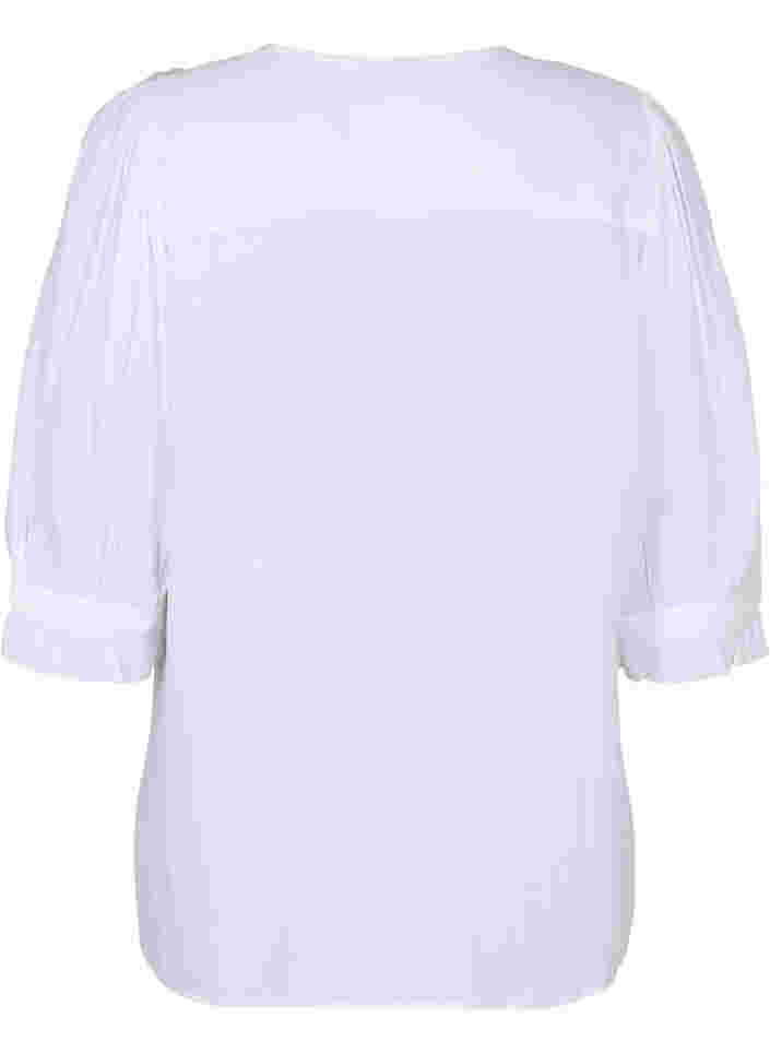 Viskosebluse med 3/4 ærmer og flæsedetaljer, Bright White, Packshot image number 1
