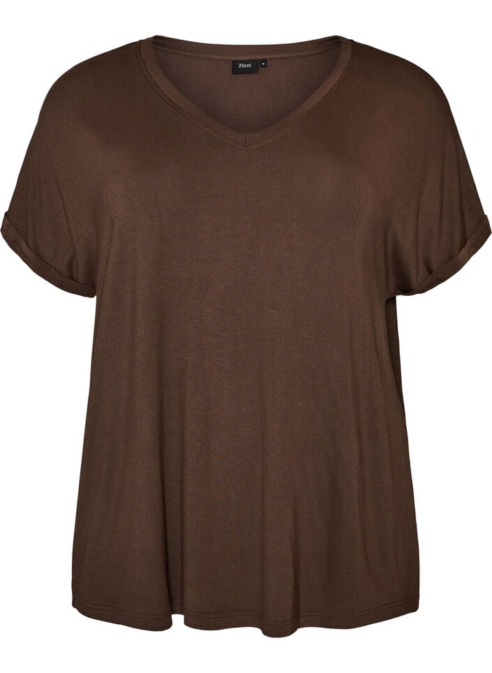 Basis T-shirt i viskose med V-hals, Brun, Packshot image number 0