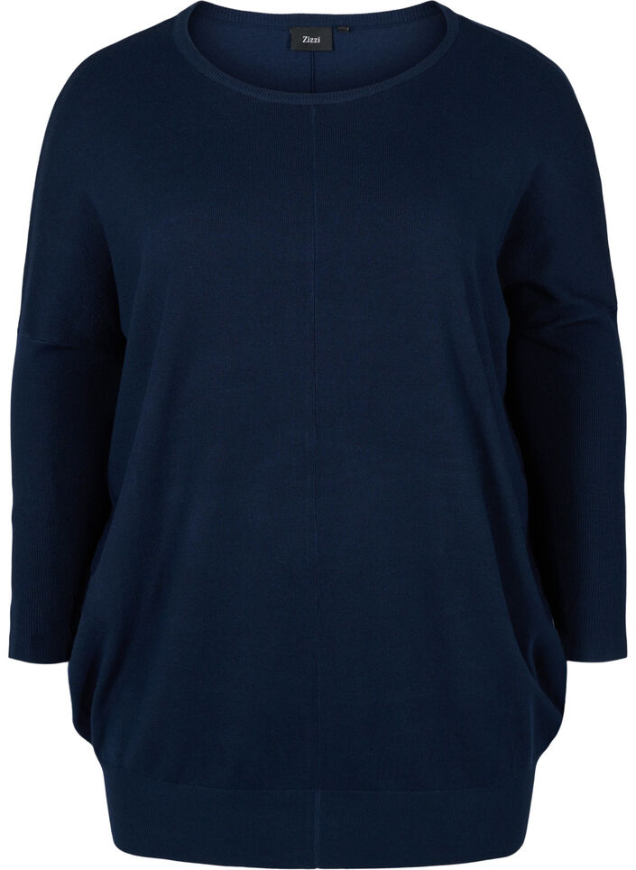 Strikbluse med rund halsudsk&aelig;ring, Navy Blazer, Packshot image number 0