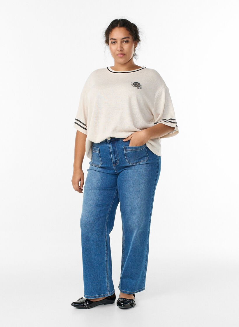 Kortærmet bluse med kontraststriber, Beige, Model image number 1