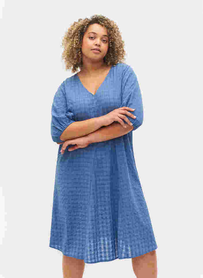 Crepet kjole med v-hals og ballonærmer, Moonlight Blue, Model image number 0
