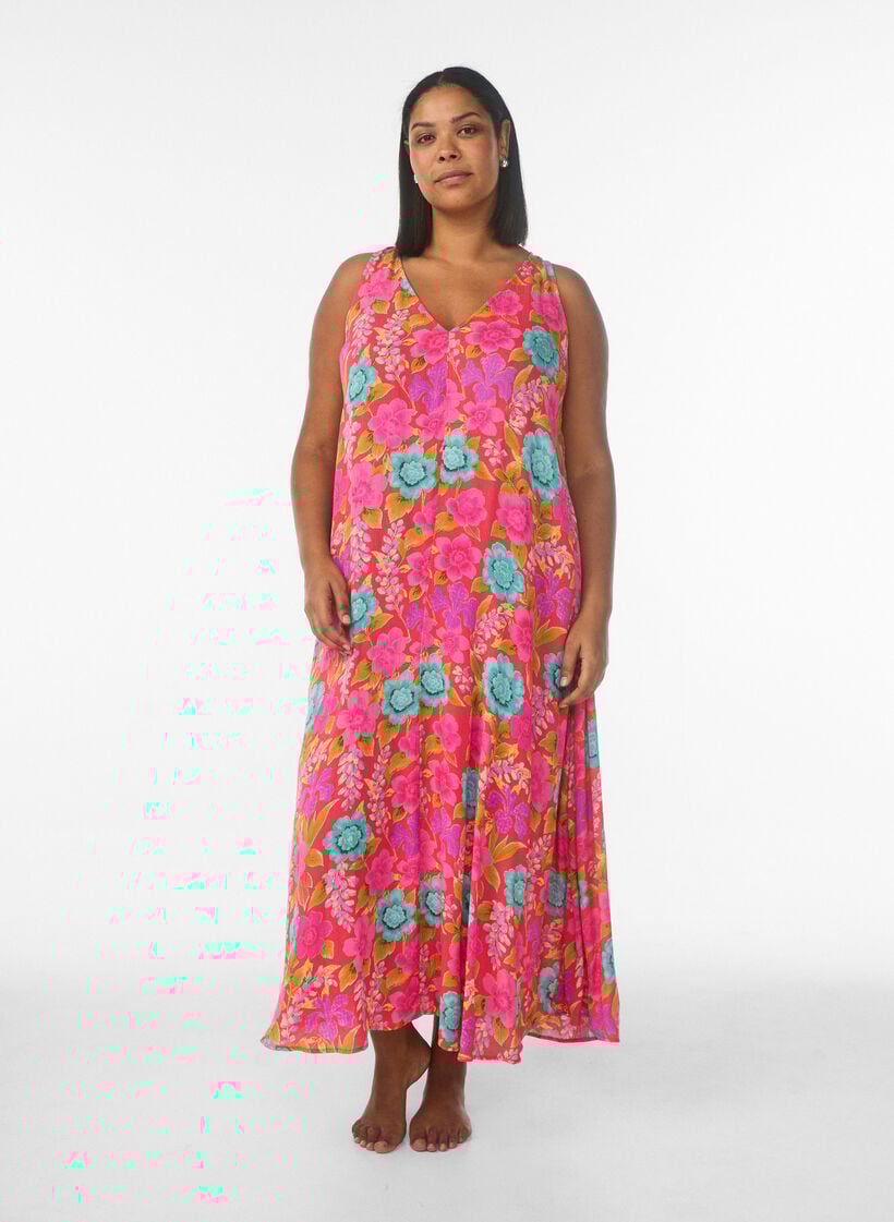 &AElig;rmel&oslash;s maxikjole i A-form med v-udsk&aelig;ring, R&oslash;d, Model image number 0