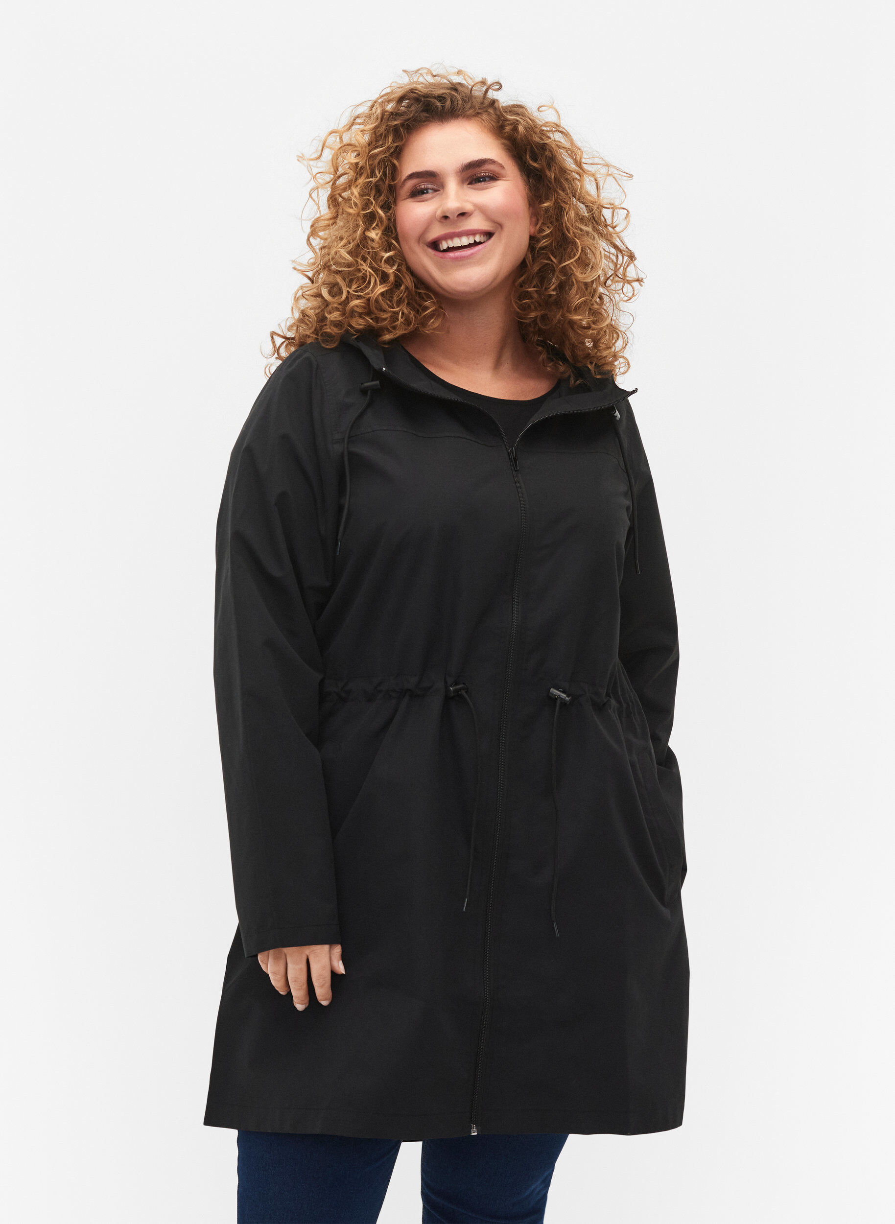 Zizzi FLASH - Vandafvisende parka med h&aelig;tte, Black, Model image number 0