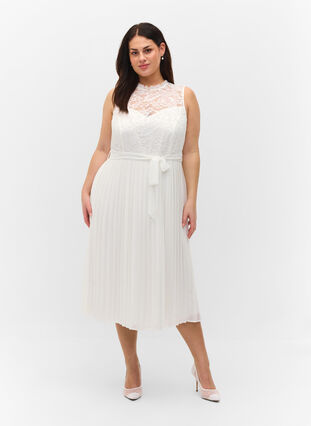 Ærmeløs kjole med blonder og plissé, Star White, Model image number 0