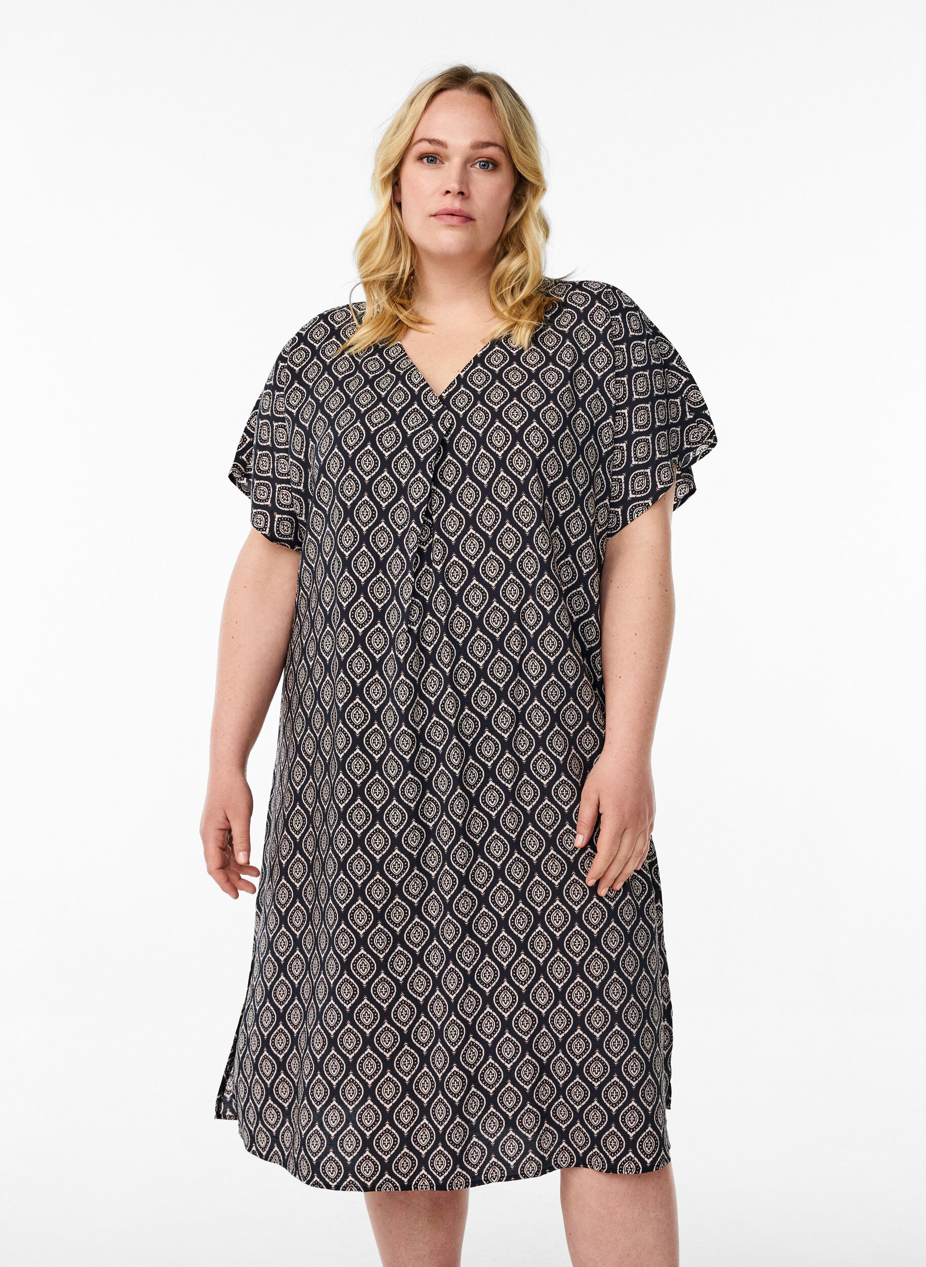 Zizzi V-hals kjole i viskose, Bl&aring;, Model image number 0