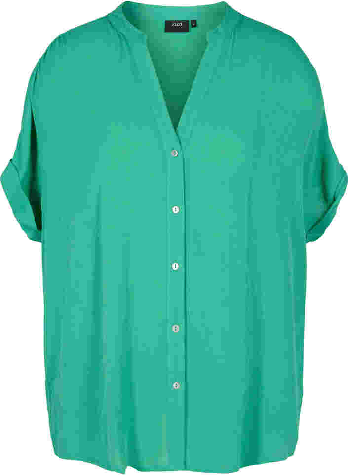 Kortærmet viskose skjorte med v-udskæring, Holly Green, Packshot image number 0