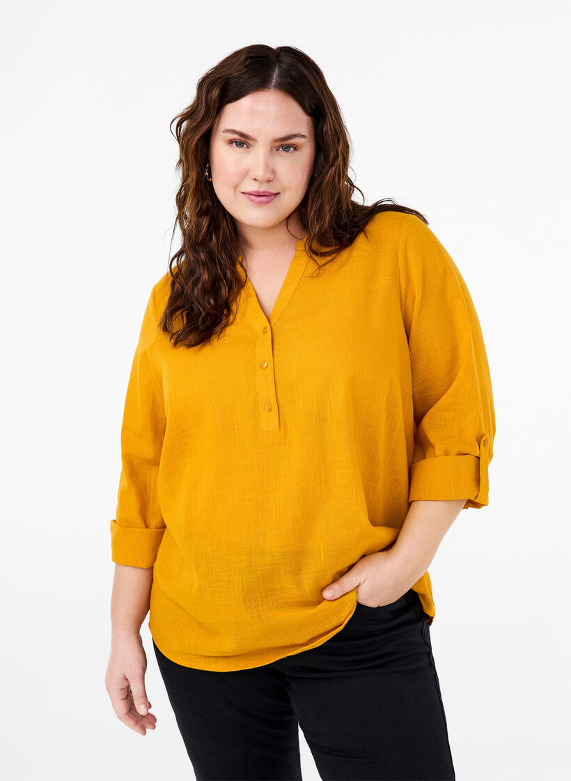 Skjortebluse i bomuld med v-udskæring, Golden Yellow, Model image number 0