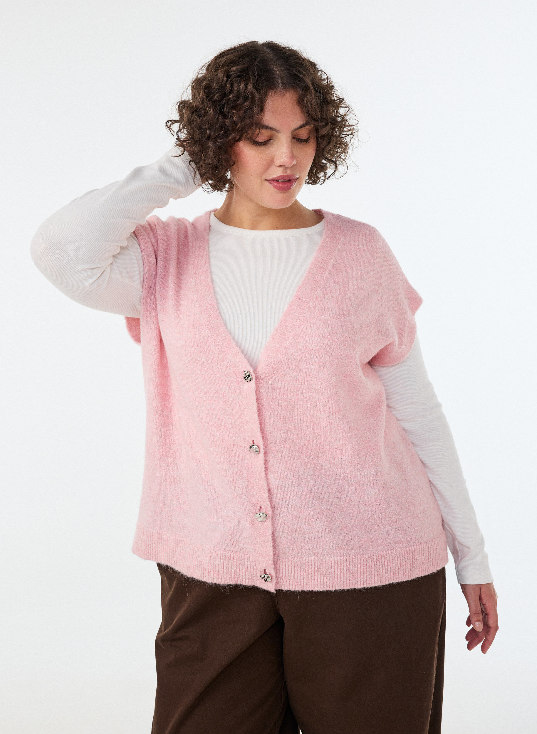 Strikvest med V-hals og dekorative knapper, Lyser&oslash;d, Model