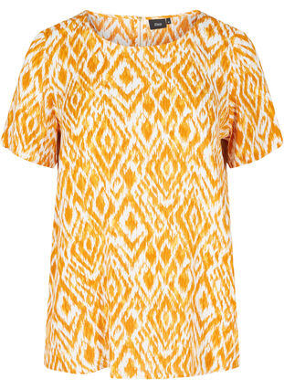 Kortærmet viskose bluse med print, Golden Yellow AOP, Packshot image number 0