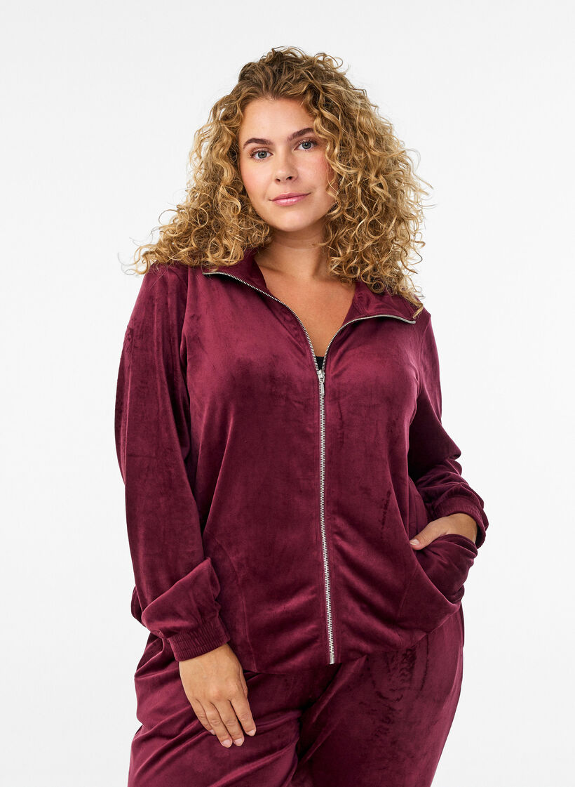 Cardigan i bl&oslash;d velour med lynl&aring;s og h&oslash;j krave, M&oslash;rk Bordeaux, Model image number 0