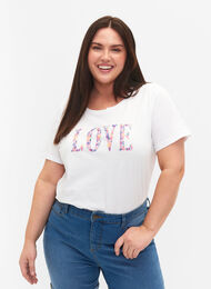 Bomulds t-shirt med rund hals og tryk, Bright White W. Love, Model