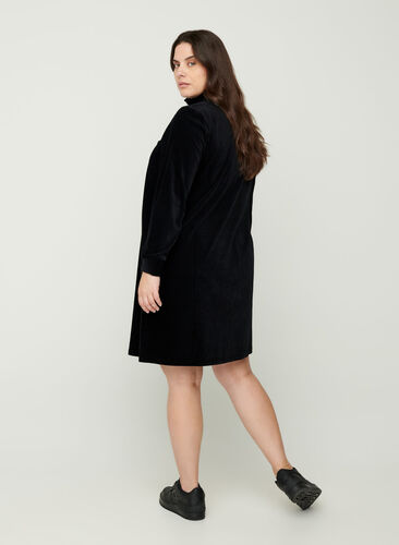 Velour kjole med høj hals og lynlås, Black, Model image number 1