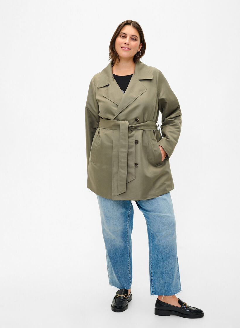 Kort trenchcoat med bælte, Grøn, Model image number 1