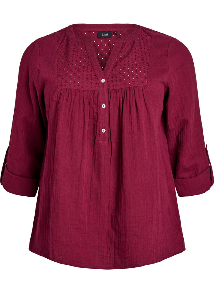 Bluse i bomuldsmusselin med broderi anglaise, M&oslash;rk Bordeaux, Packshot image number 0