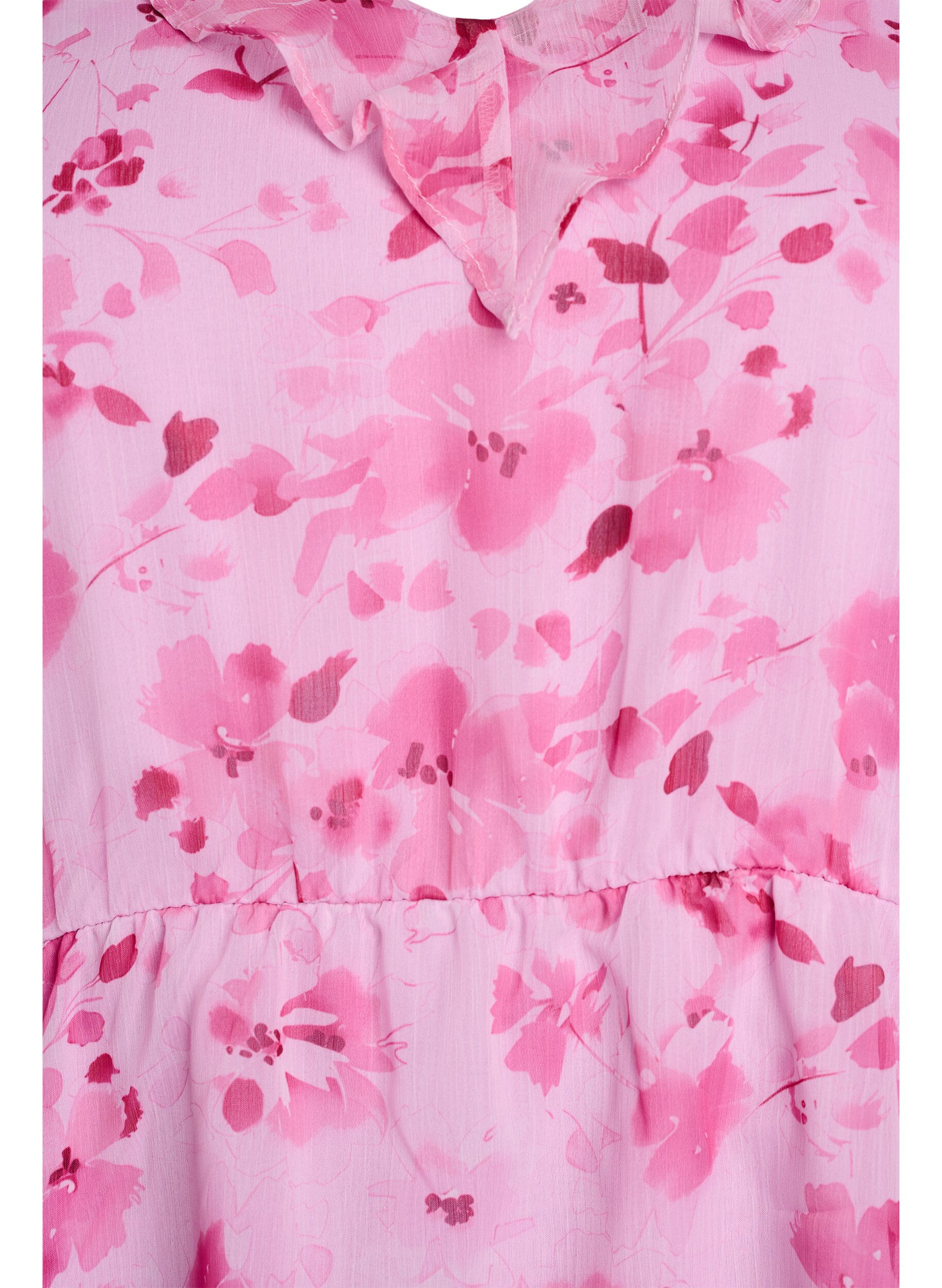 ZizziBlomstret bluse med fl&aelig;sekrave og peplum-effekt, Lyser&oslash;d, Packshot image number 2