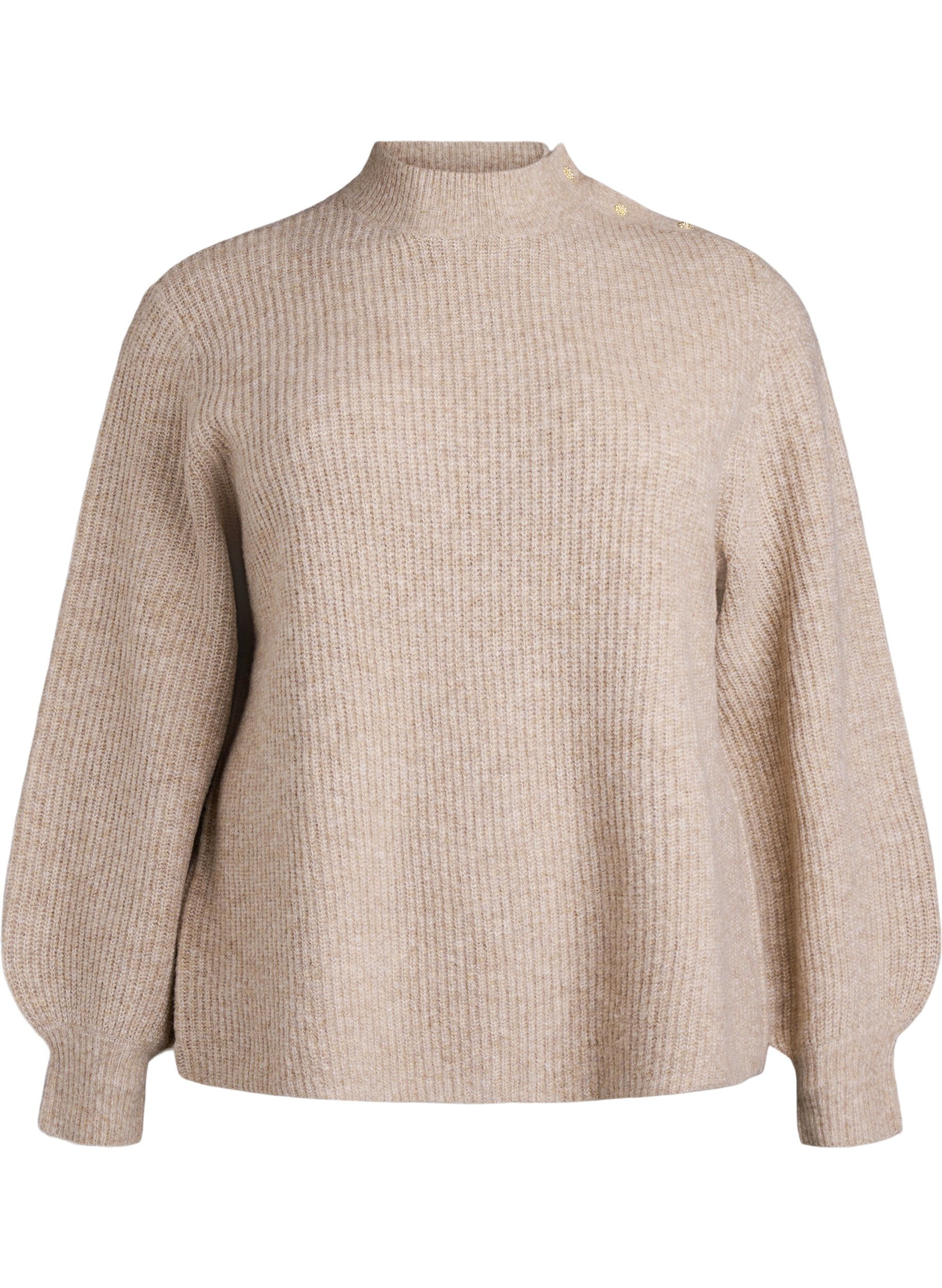 ZizziRibstrikket sweater med ballon&aelig;rmer og knapper, Beige, Packshot image number 0