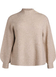 Ribstrikket sweater med ballon&aelig;rmer og knapper, Beige