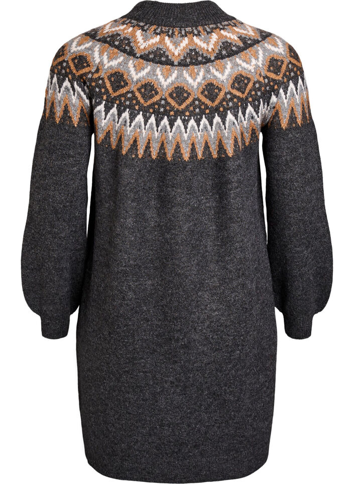 Strikkjole med jacquard-mønster og ballonærmer, Grå, Packshot image number 1