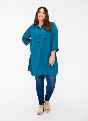 Viskose tunika med knapper og 3/4 ærmer, Maroccan Blue, Model image number 2