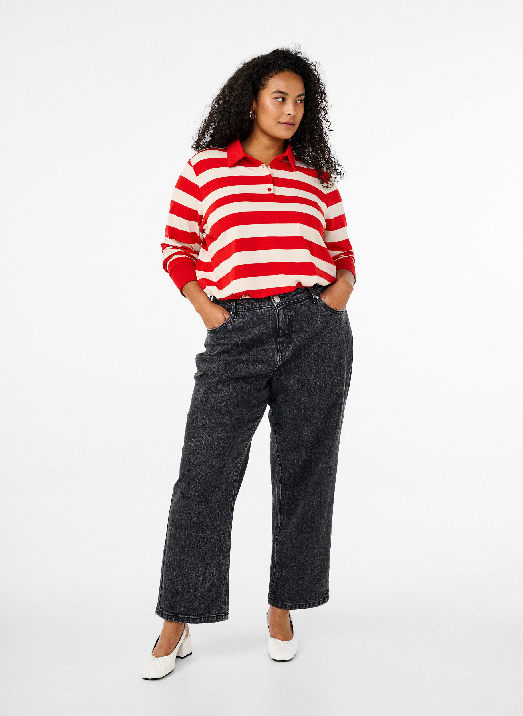 Zizzi Lang&aelig;rmet poloshirt med striber, R&oslash;d, Model image number 1