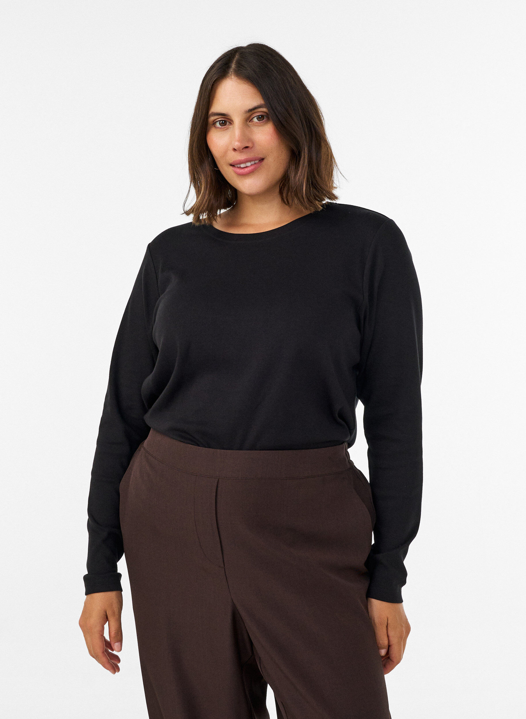 ZizziLang&aelig;rmet basis T-shirt med rund hals, Sort, Model image number 0