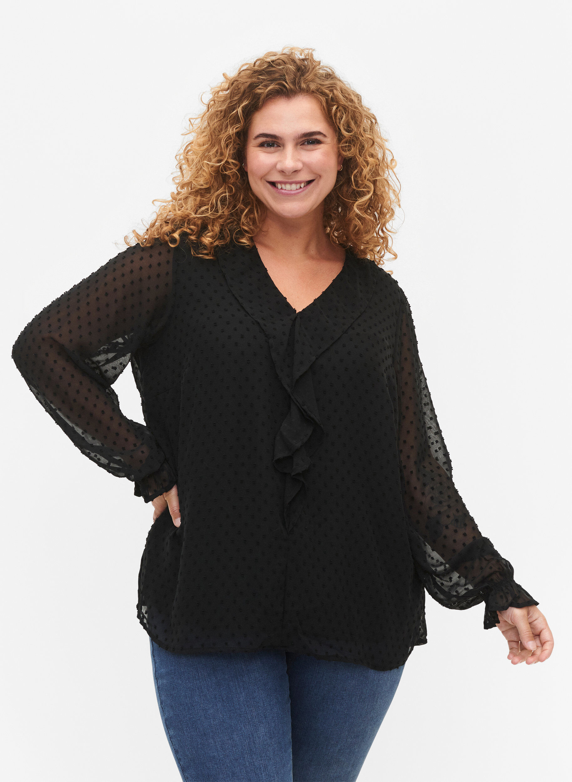 Zizzi Bluse med fl&aelig;ser og prikket tekstur, Black, Model image number 0