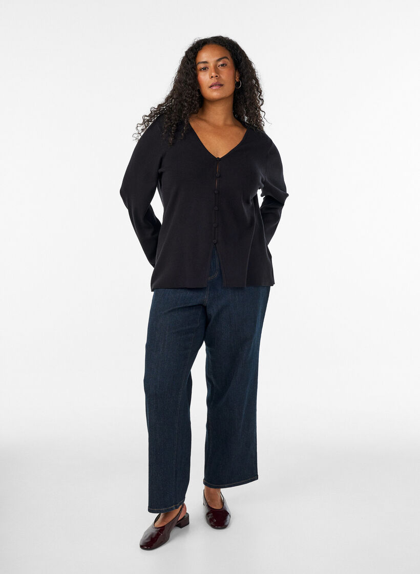 Finstrikket cardigan med stofbetrukne knapper, Sort, Model image number 1