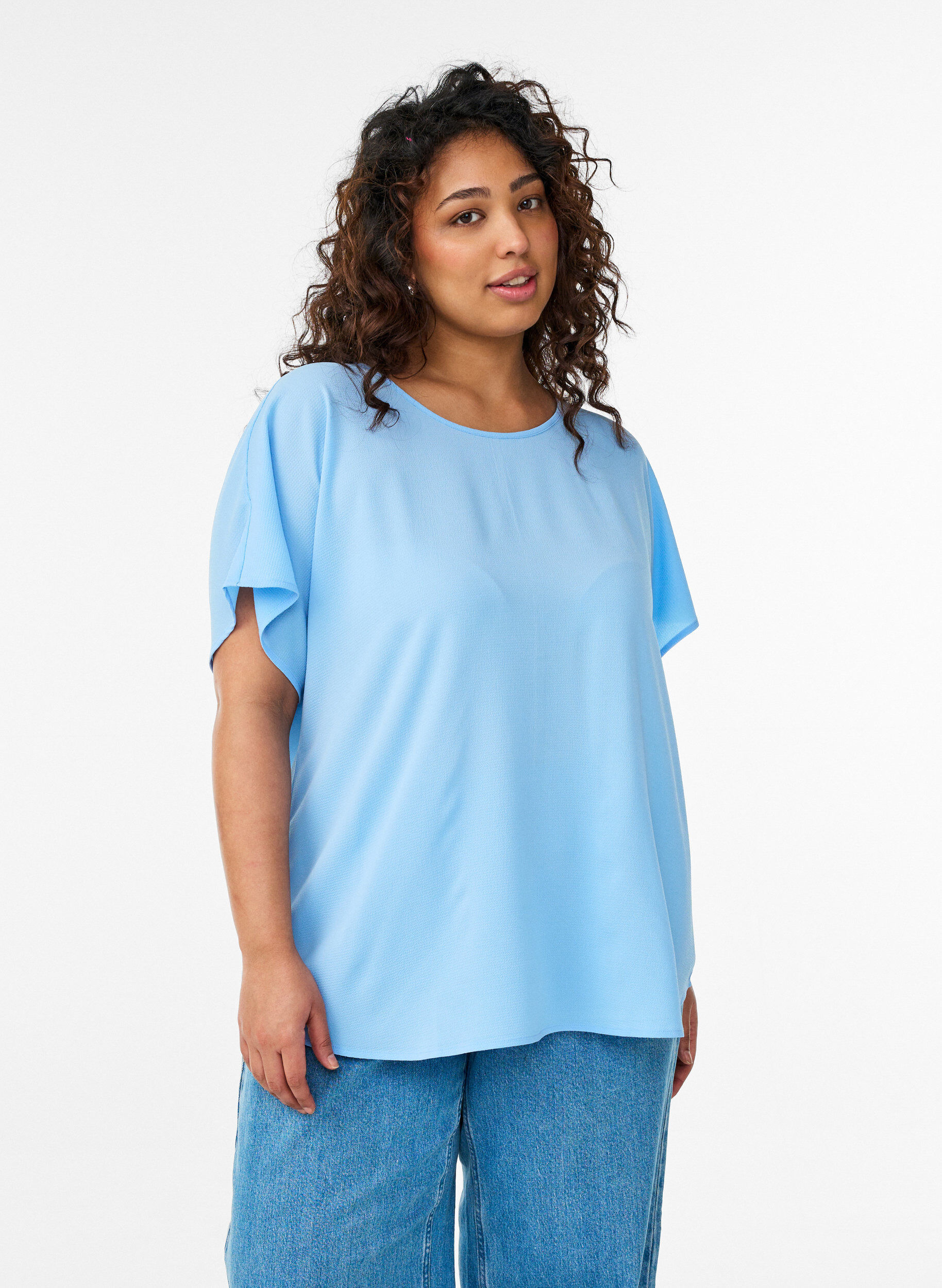 Bluse med korte &aelig;rmer og rund halsudsk&aelig;ring , Bl&aring;, Model