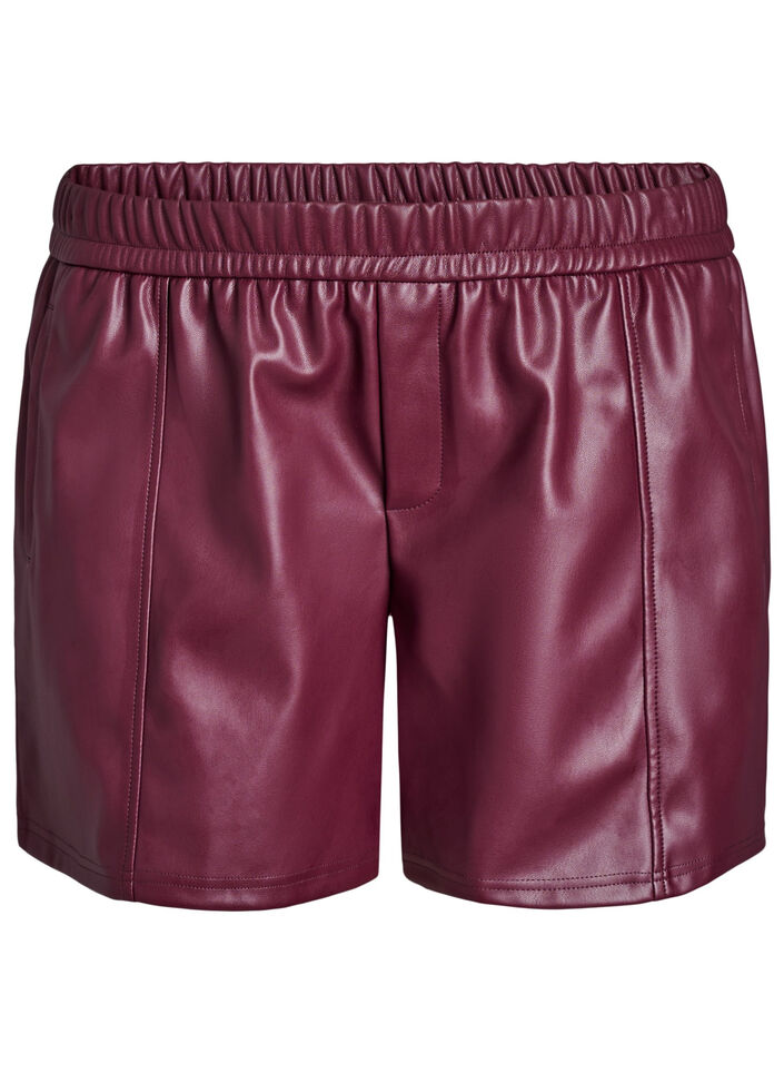 Løse shorts i imiteret læder med elastisk linning, Mørk Bordeaux, Packshot image number 0