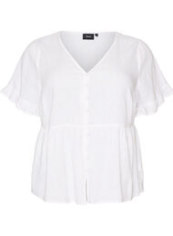 Bluse i h&oslash;r og viskose med V-udsk&aelig;ring og knaplukning, Hvid