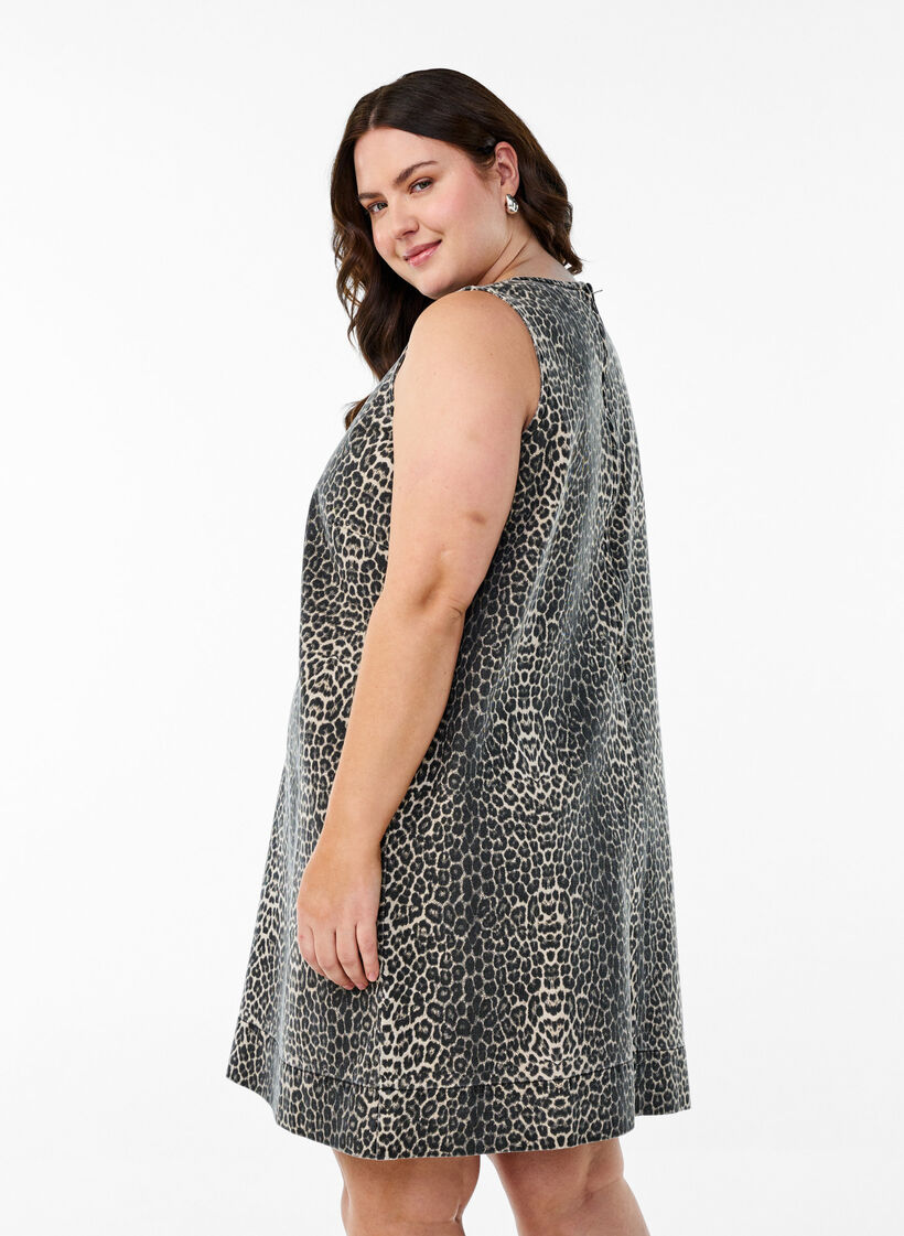 Kort ærmeløs denimkjole med leopardprint, Brun, Model image number 2