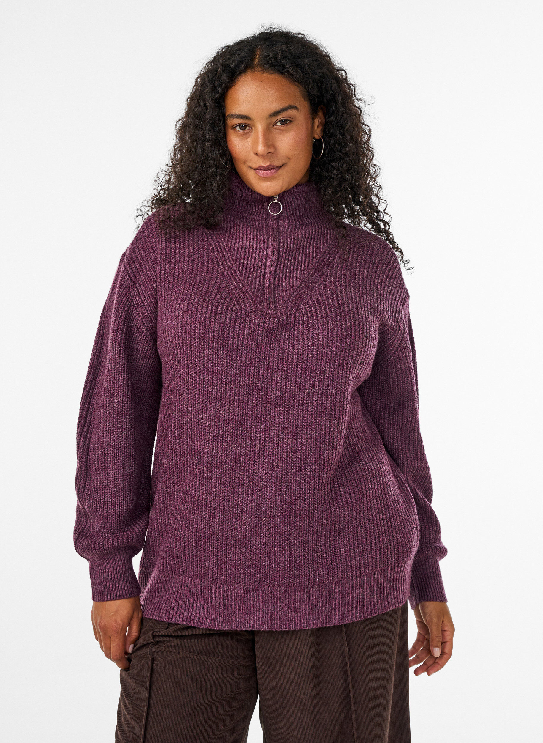 ZizziStriktr&oslash;je med h&oslash;j hals og lynl&aring;s, Lilla, Model image number 0
