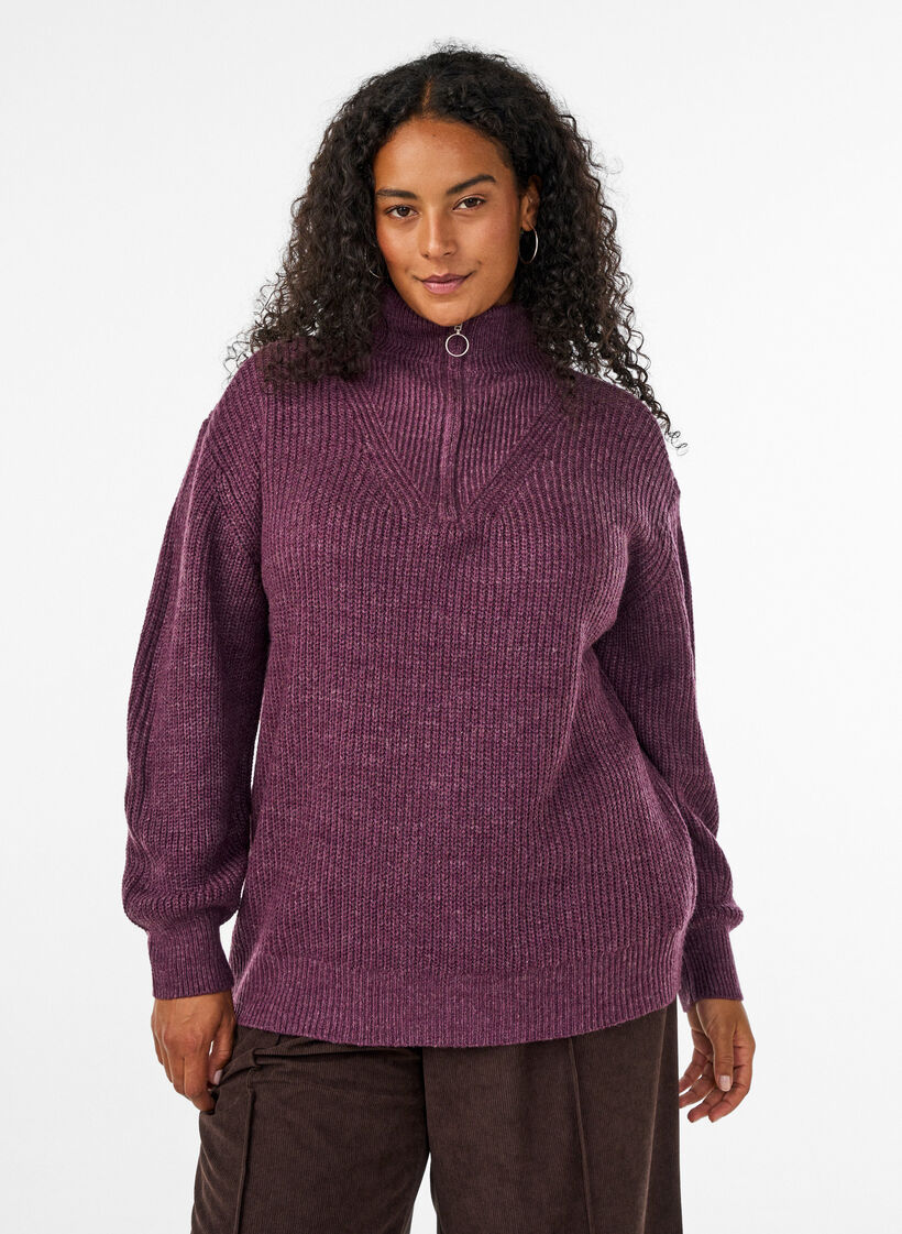Striktr&oslash;je med h&oslash;j hals og lynl&aring;s, Lilla, Model image number 0