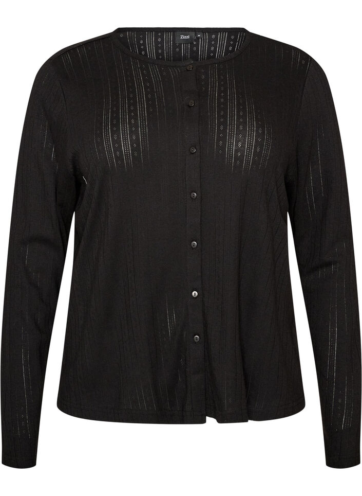 Cardigan i &oslash;kologisk bomuld med hulm&oslash;nster, Sort, Packshot image number 0