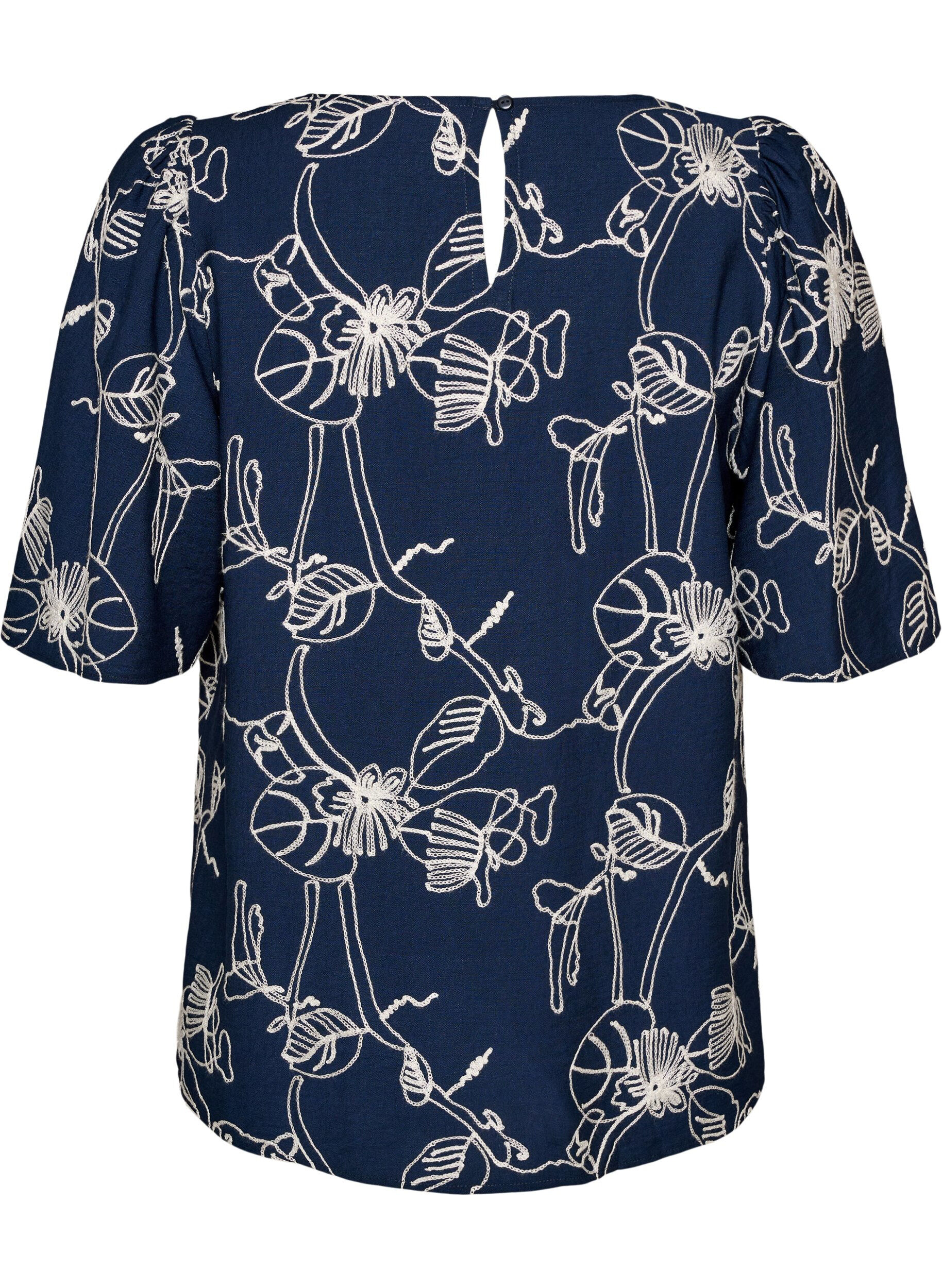 ZizziKort&aelig;rmet bluse med broderet m&oslash;nster, Bl&aring;, Packshot image number 1