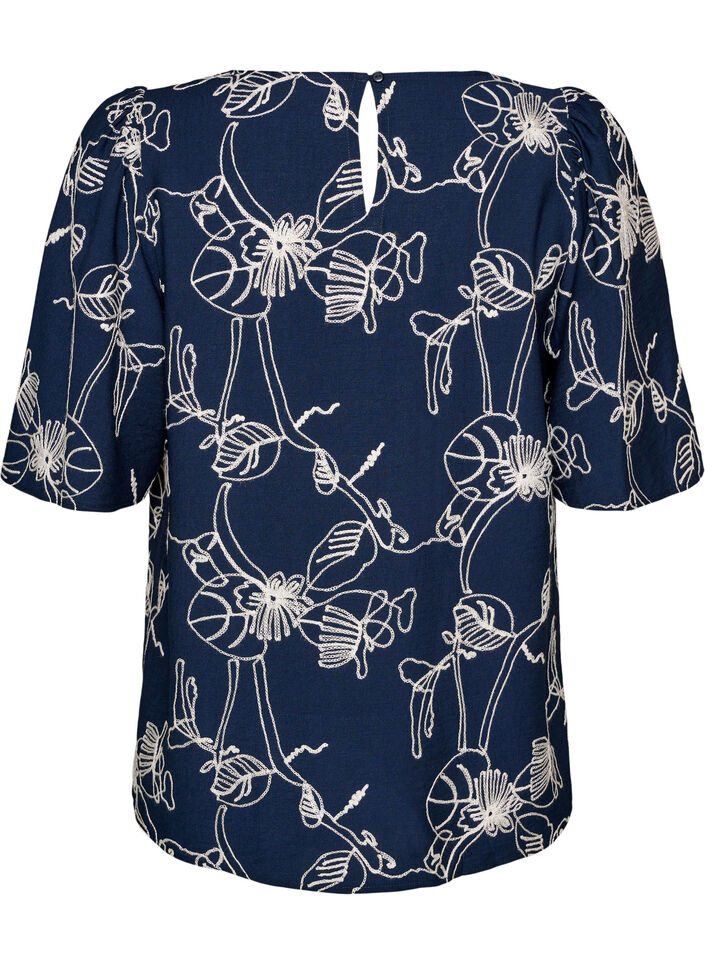 Kort&aelig;rmet bluse med broderet m&oslash;nster, Bl&aring;, Packshot image number 1