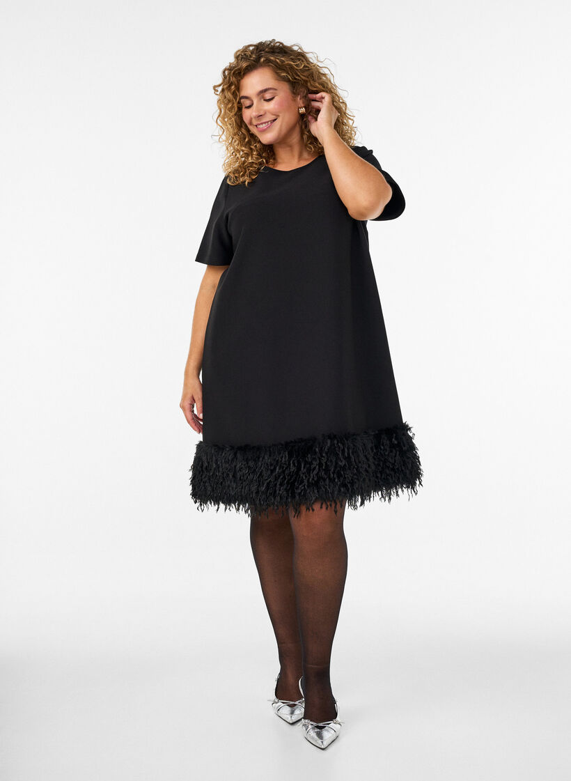 Kort jerseykjole med fjerkant, Sort, Model image number 1