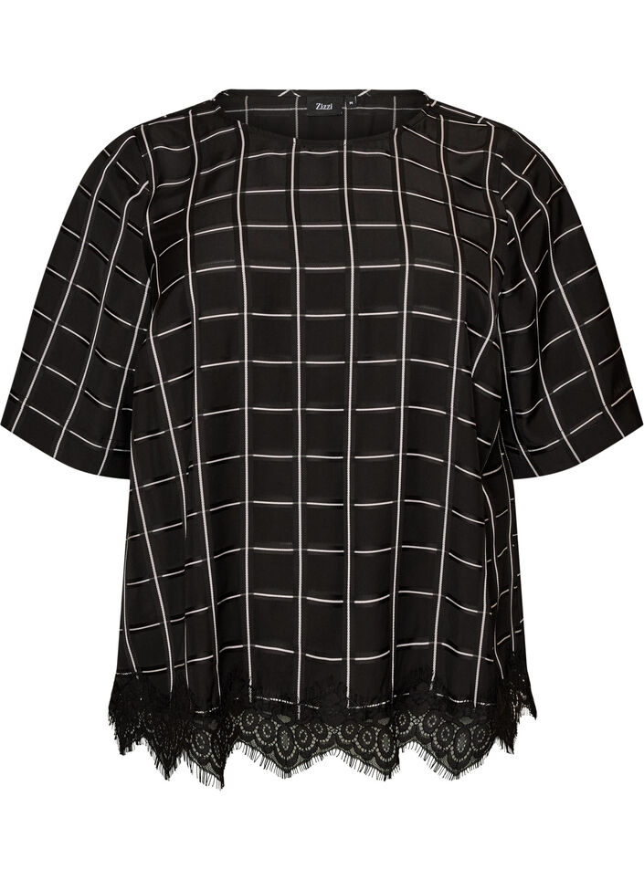 Ternet bluse med blondekant og albuelange &aelig;rmer, Sort, Packshot image number 0