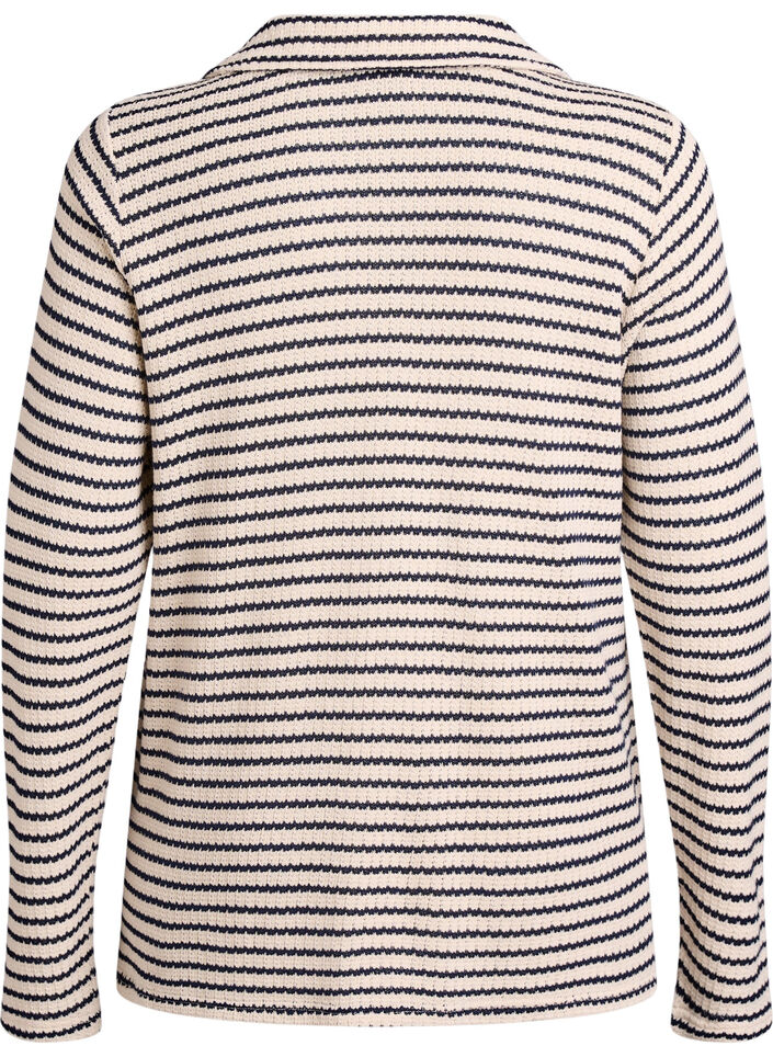 Stribet jerseybluse med krave og V-udskæring, Beige, Packshot image number 1