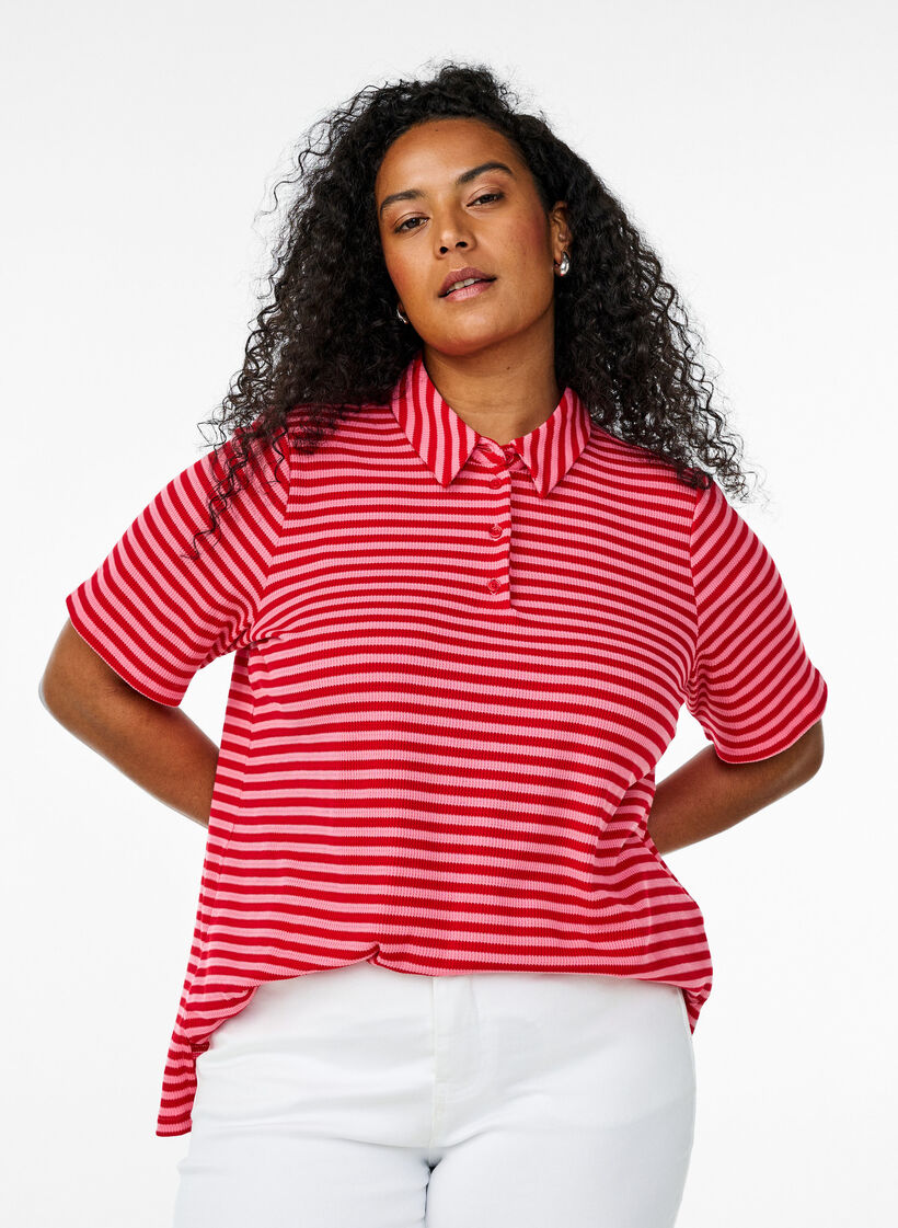 Kortærmet poloshirt med striber, Lyserød, Model image number 0