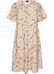 Midikjole i viskose med blomsterprint og fl&aelig;sekrave, Lyser&oslash;d