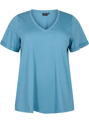 Bomulds t-shirt med v-hals , Aegean Blue, Packshot image number 0