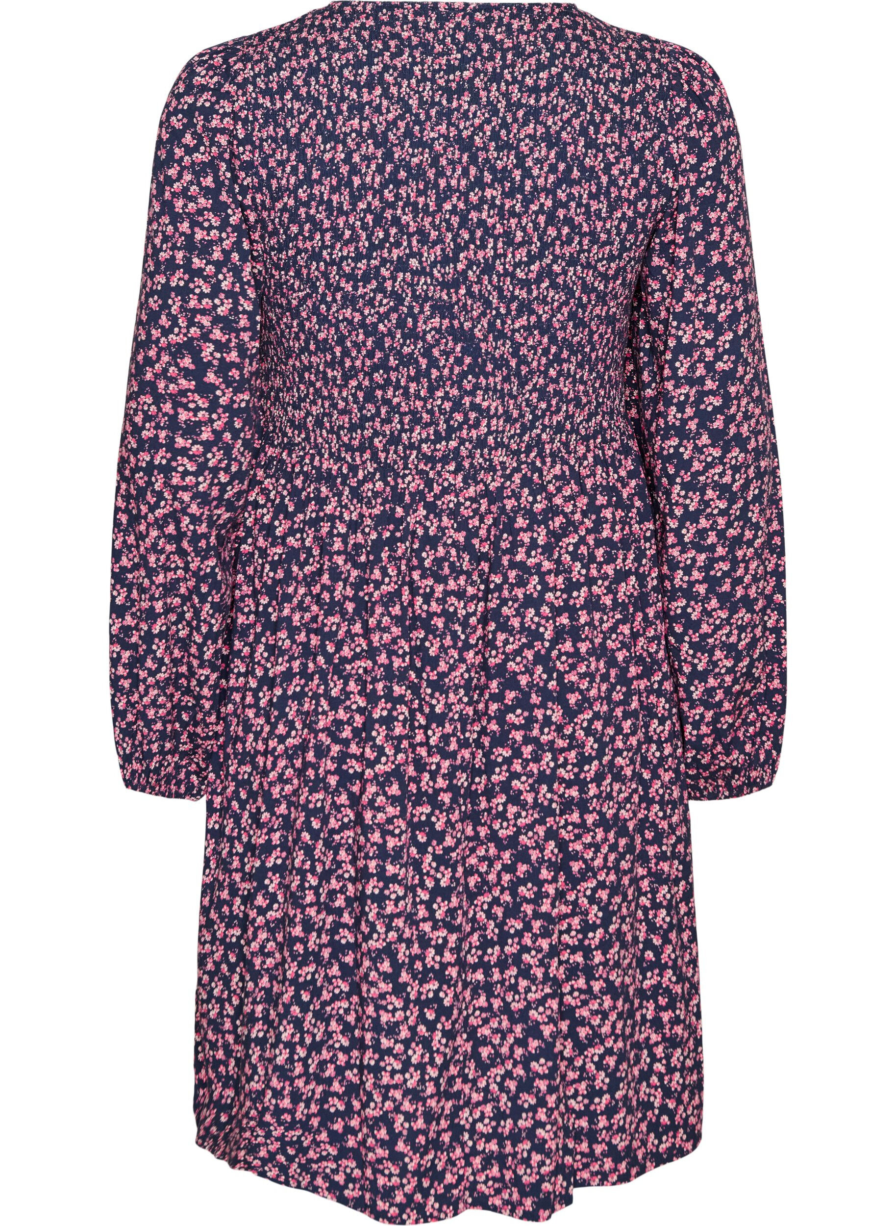 ZizziKjole med smock-overdel og sm&aring;blomstret m&oslash;nster, Bl&aring;, Packshot image number 1