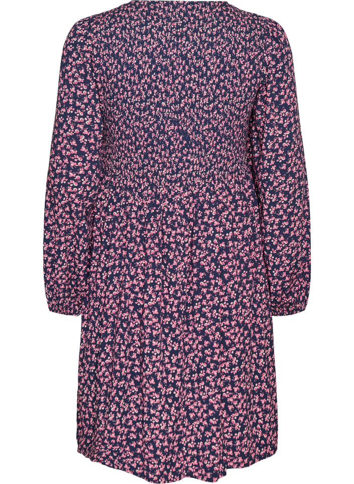 Kjole med smock-overdel og sm&aring;blomstret m&oslash;nster, Bl&aring;, Packshot image number 1