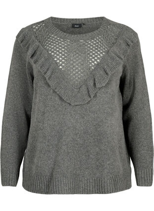 Striktrøje med uld og flæsedetalje, Dark Grey Melange, Packshot image number 0
