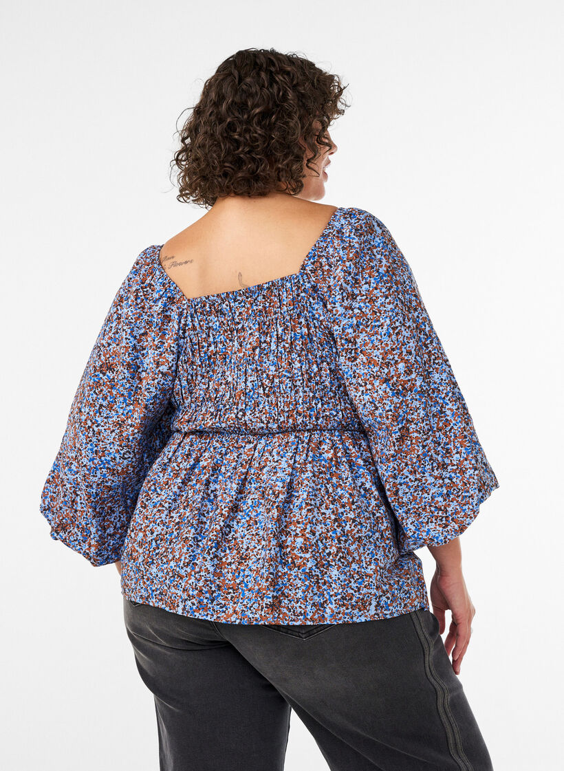 Bluse med smock og firkantet halsudsk&aelig;ring, Bl&aring;, Model image number 2